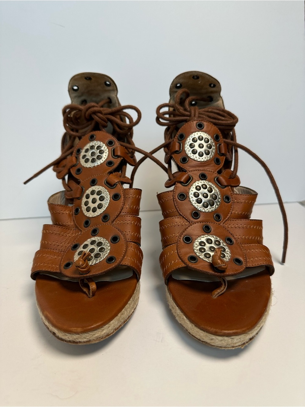 Michael Kors Tan Leather Lace-Up Wedge Sandals with Stud Accents